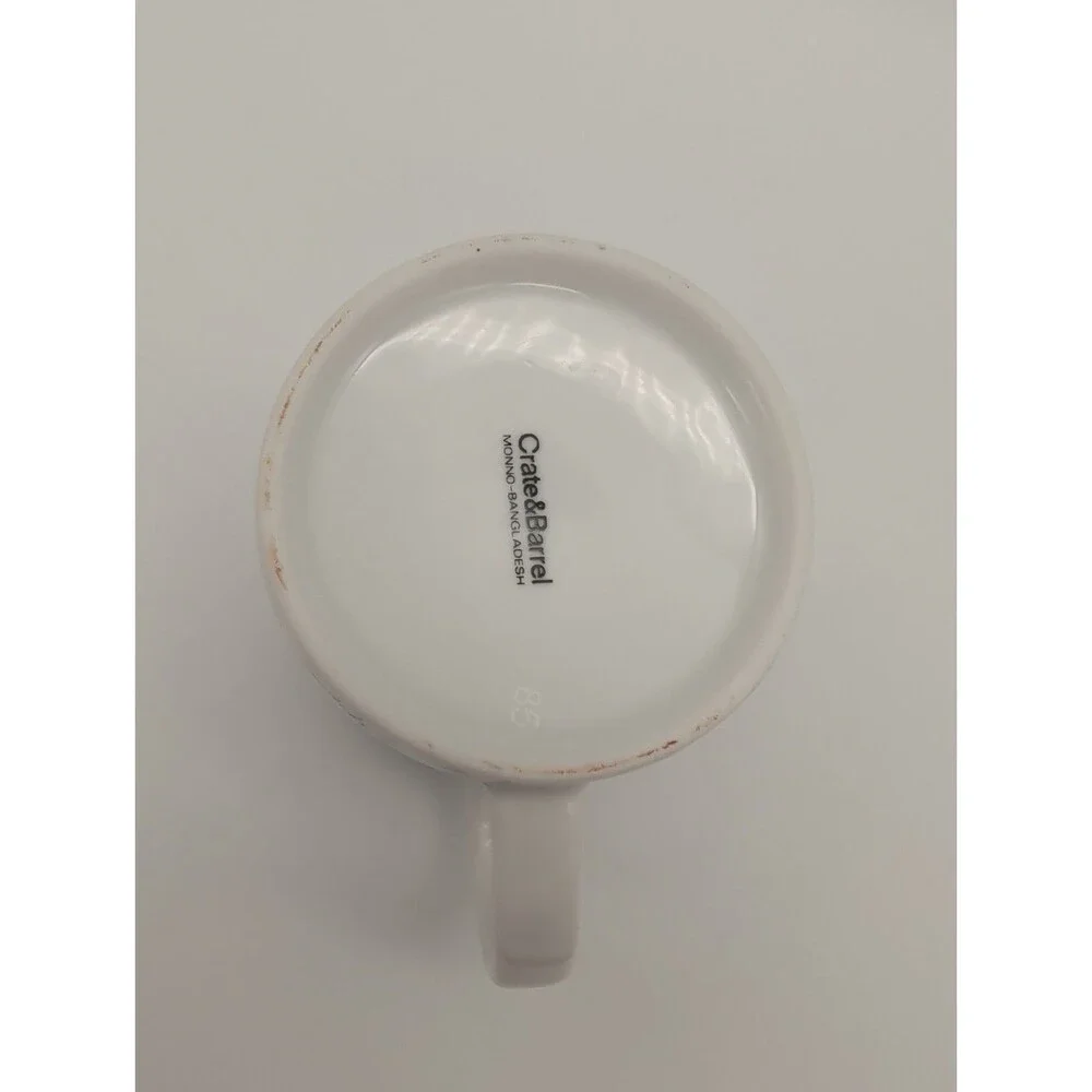 Crate& Barrel Script Mug 8 Oz Holiday Christmas Seasons Greetings Joy Peace